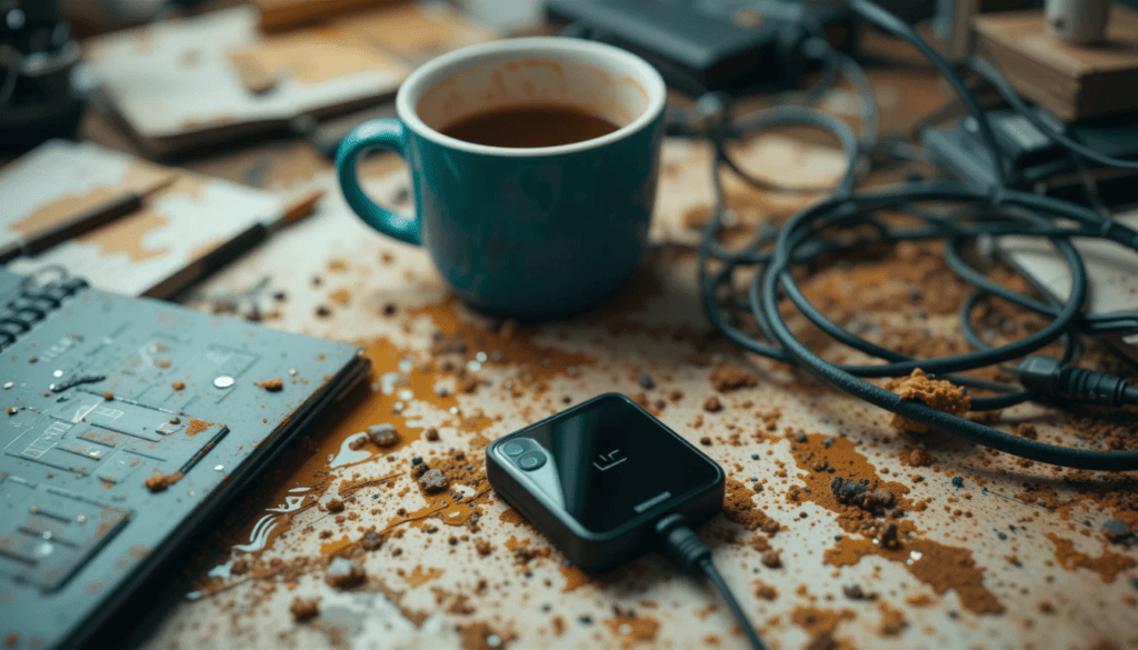 Messy desk, Ledger Nano X, spilled coffee, tangled cords.