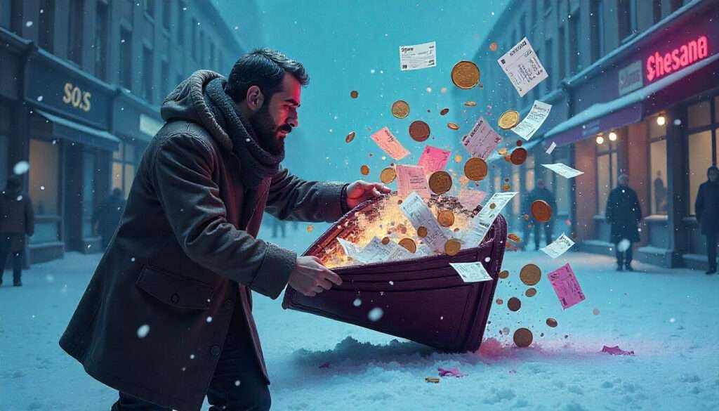 Wallet exploding with receipts, stressed face, digital chaos.