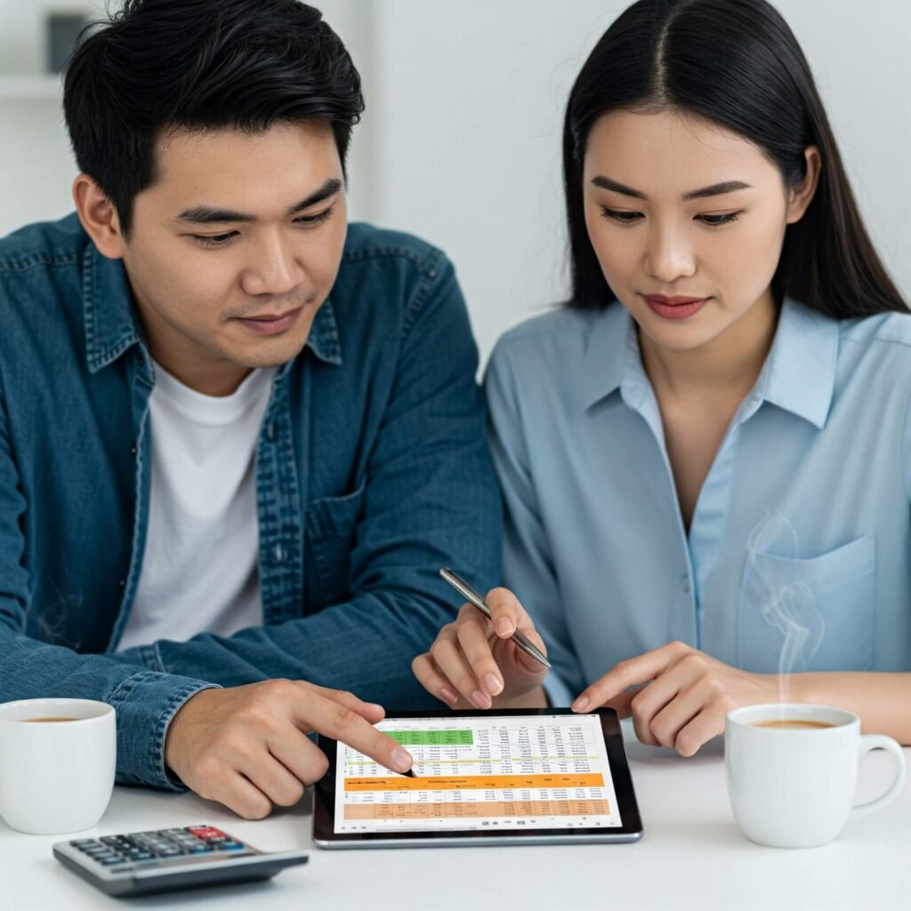 Couple reviewing budget on tablet.