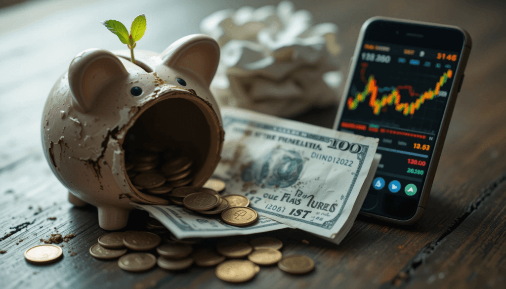a chipped piggy bank with coins spilling out and a tiny green sprout poking through, a crumpled dollar bill