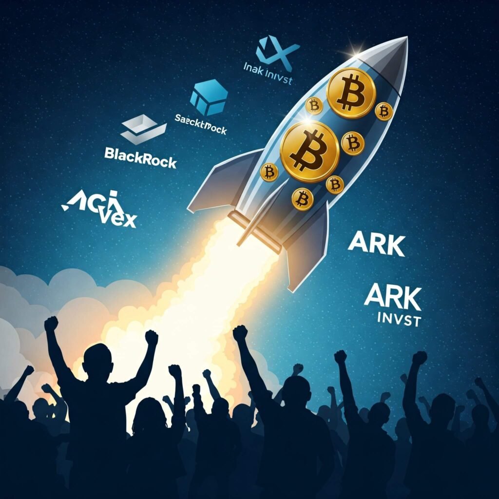 Bitcoin rocket with institutional support and cheering crowd.