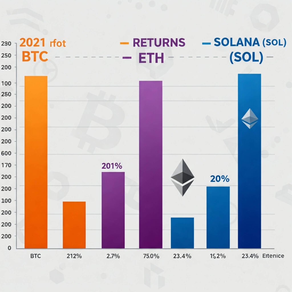 2021 BTC ETH SOL returns chart.
