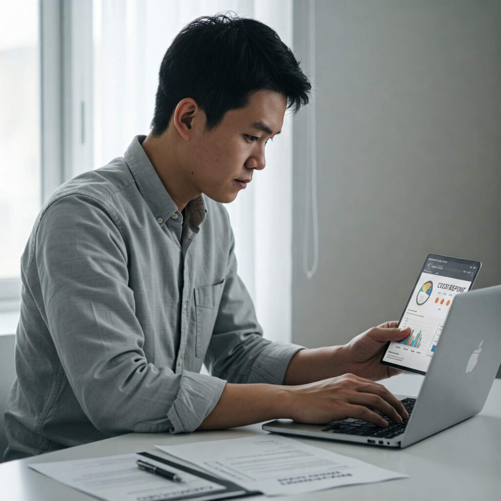 Person reviewing credit report on laptop.