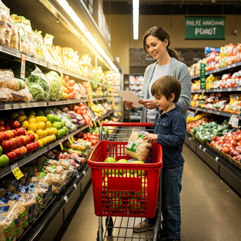 Parent and child grocery shopping.