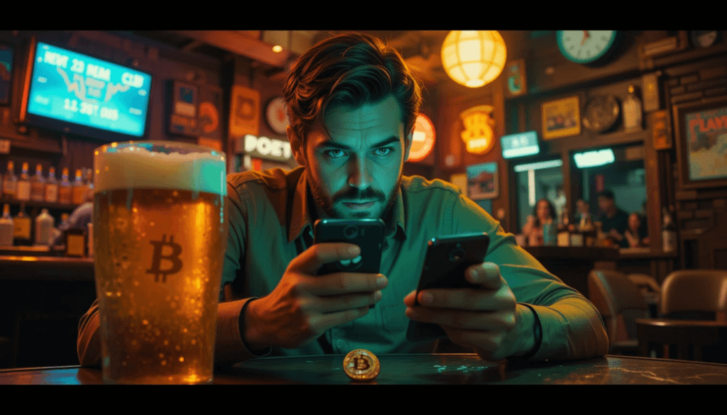  checking crypto prices, warm beer in the foreground.