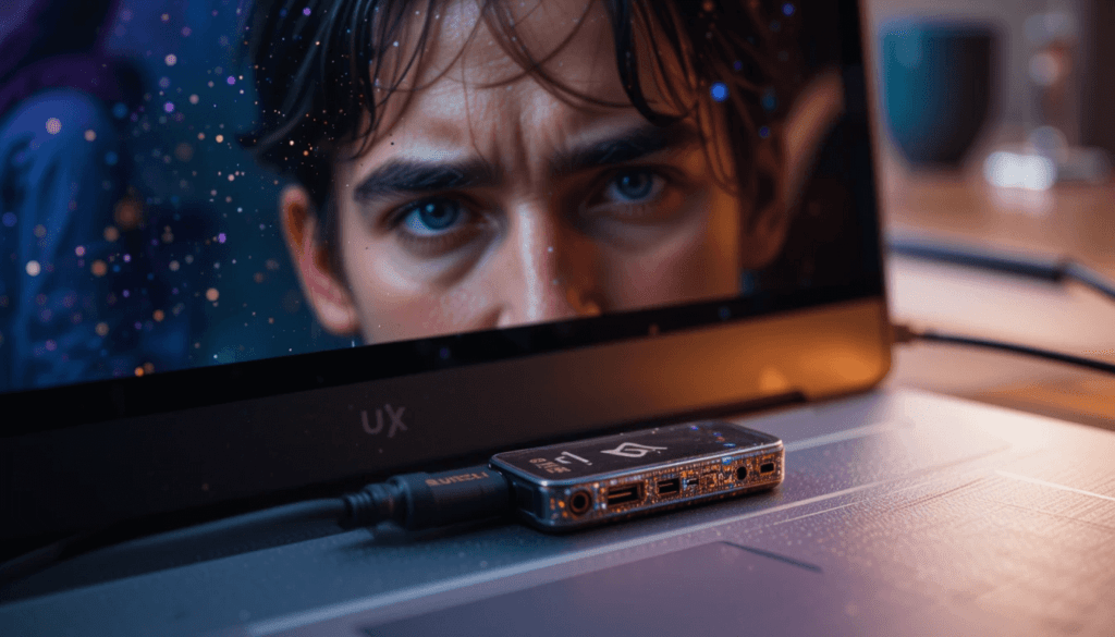 A super close-up of my Ledger Nano X plugged into my laptop, my stressed-out face barely reflected in the screen. Make it an impressionistic digital painting, with wild purples and oranges. It’s gotta feel bittersweet—like I’m hopeful but still a little paranoid.