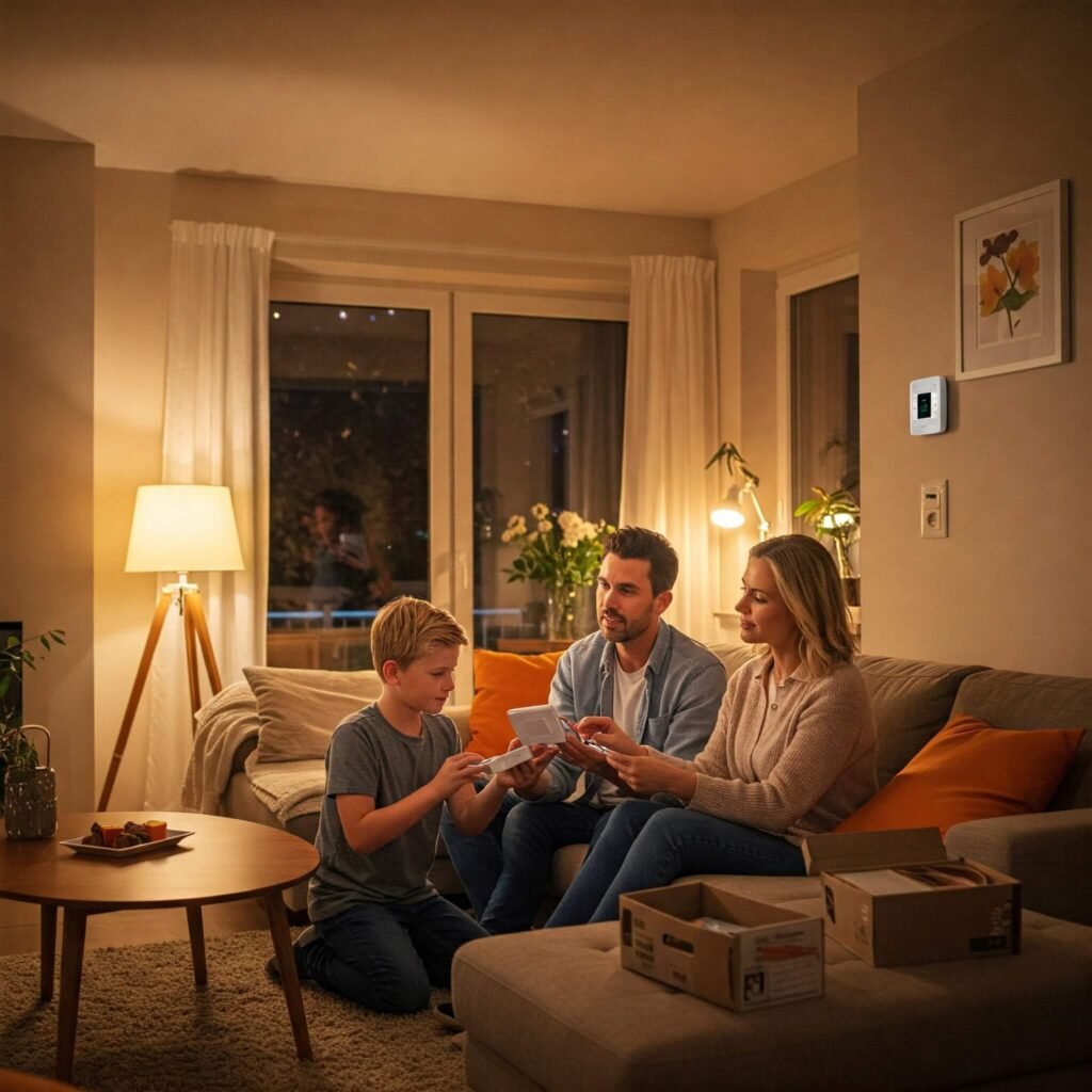 Family installing smart thermostat.