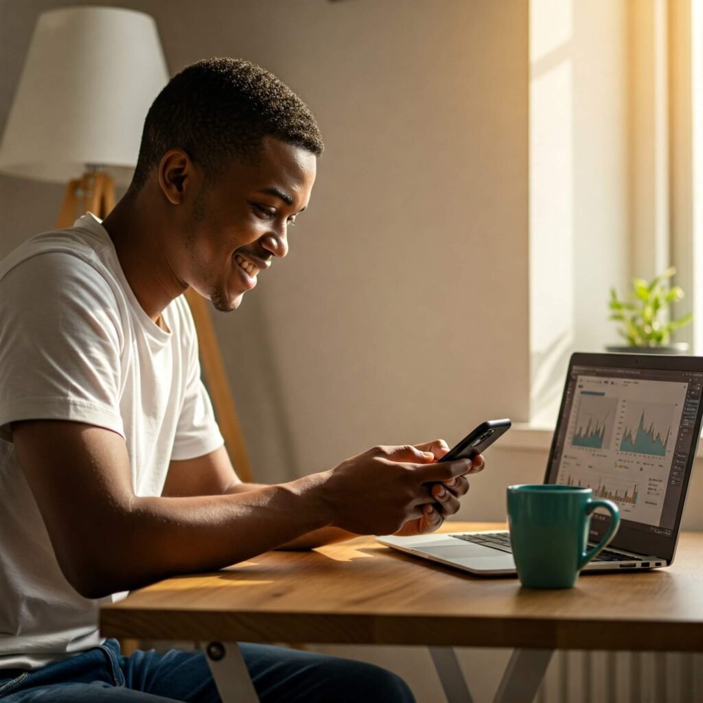 Young Adult Checking Investments on Phone