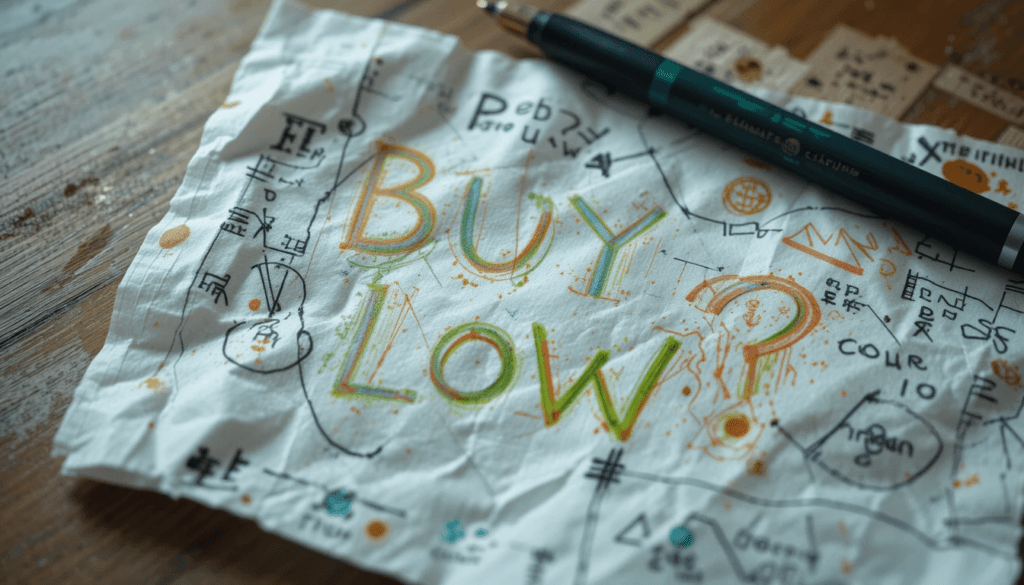 crumpled napkin with my crypto trading “plan”—bad sketches, “BUY LOW?” 
