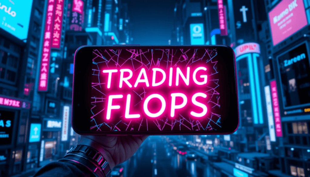 Cracked smartphone screen up front screams my trading flops.