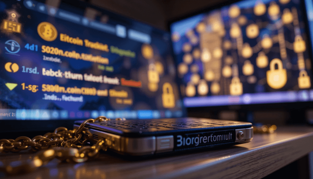 my Ledger wallet on a shelf, with Bitcoin transaction confirmations glowing on my nearby screen