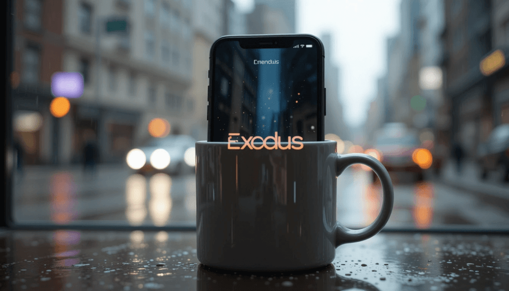 phone screen showing Exodus app, reflected in my coffee mug on this rainy