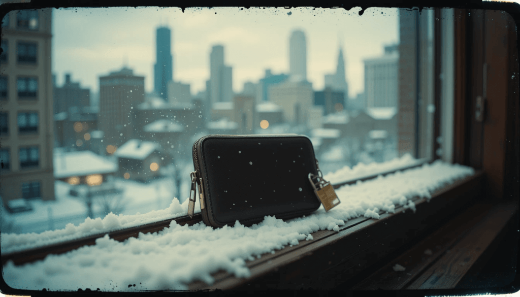 my snowy windowsill last winter, with Chicago skyline blurred in the back.