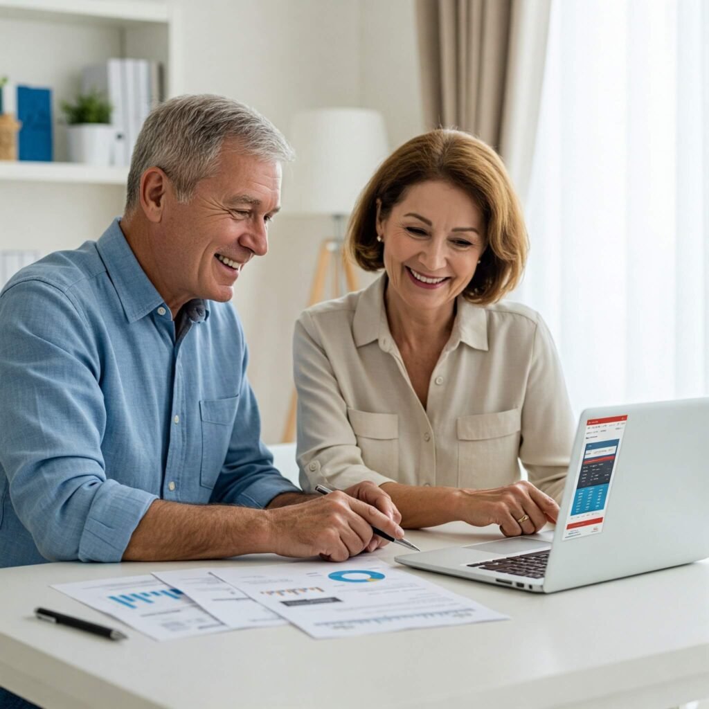 Senior couple reviewing retirement plans.