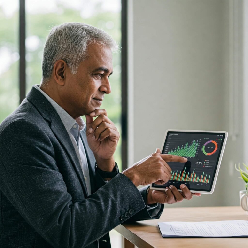 Senior reviewing financial dashboard on tablet.