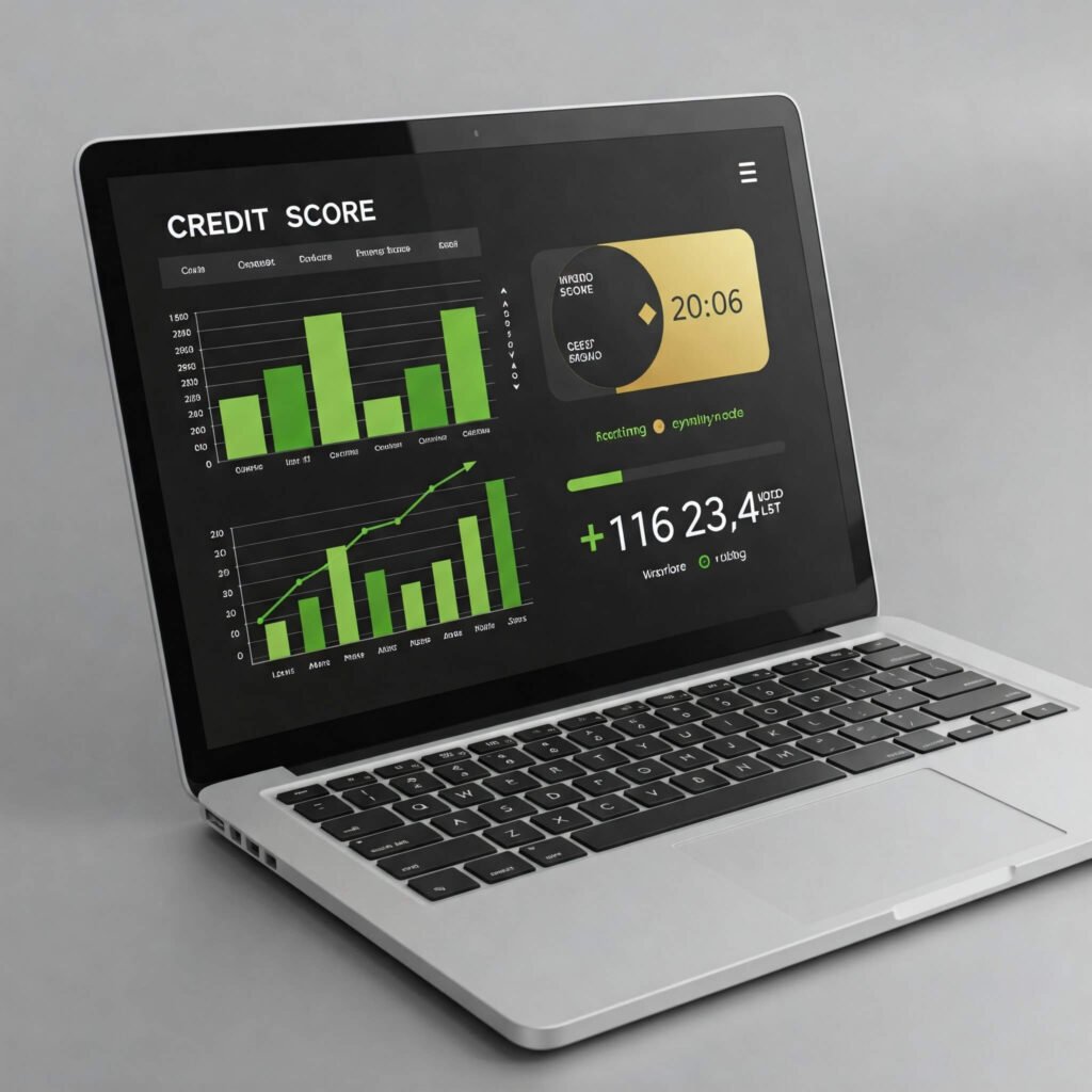 Laptop displaying colorful credit score dashboard.