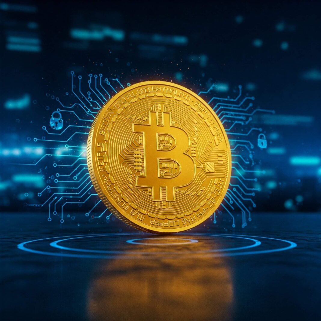 Glowing Bitcoin on neon tech background