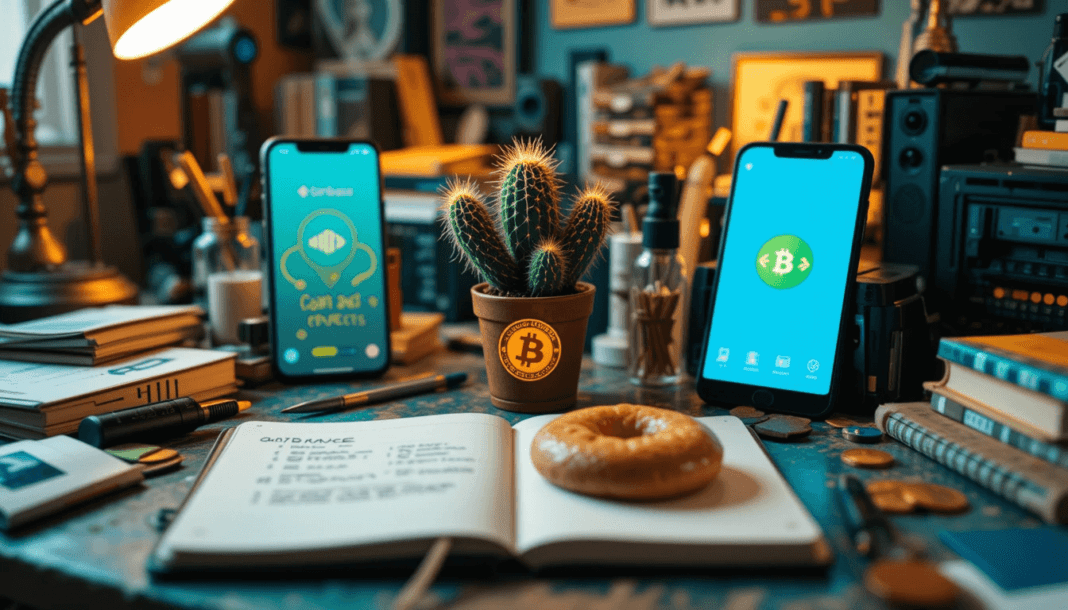 Crypto-scribbled notebook, cold brew can, bagel crumb on page.