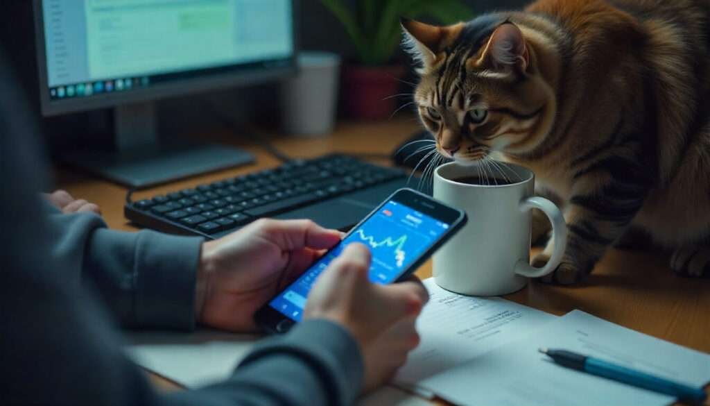 Shaky hands scroll crypto exchange, cat swats coffee mug, bright app glow.