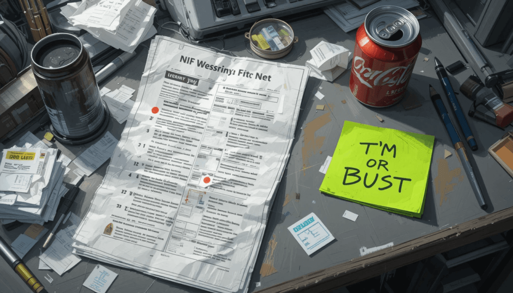 Messy desk with NFT printout, soda can, Post-it; gray and lime green.