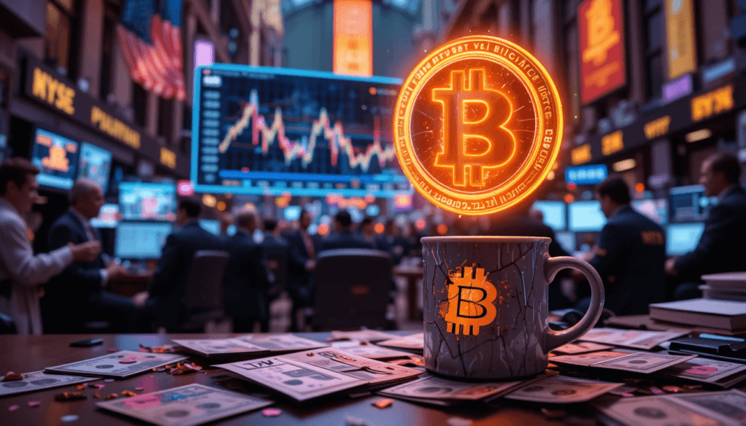 a flickering holographic chart of BTC price trends