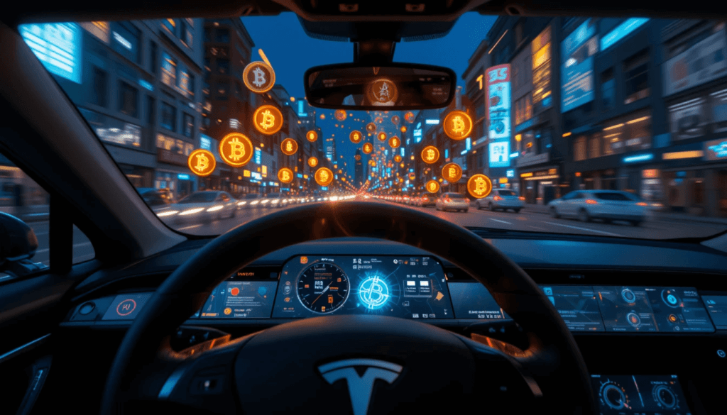 a Tesla dashboard integrated with glowing Bitcoin symbols,
