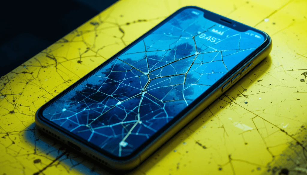 Cracked phone with staking app, smudged screen; blue and neon yellow.