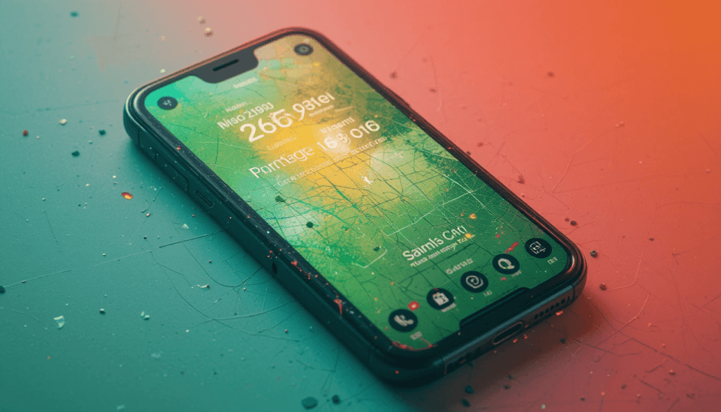 Scratched phone with budgeting app, smudged screen; green and neon orange.