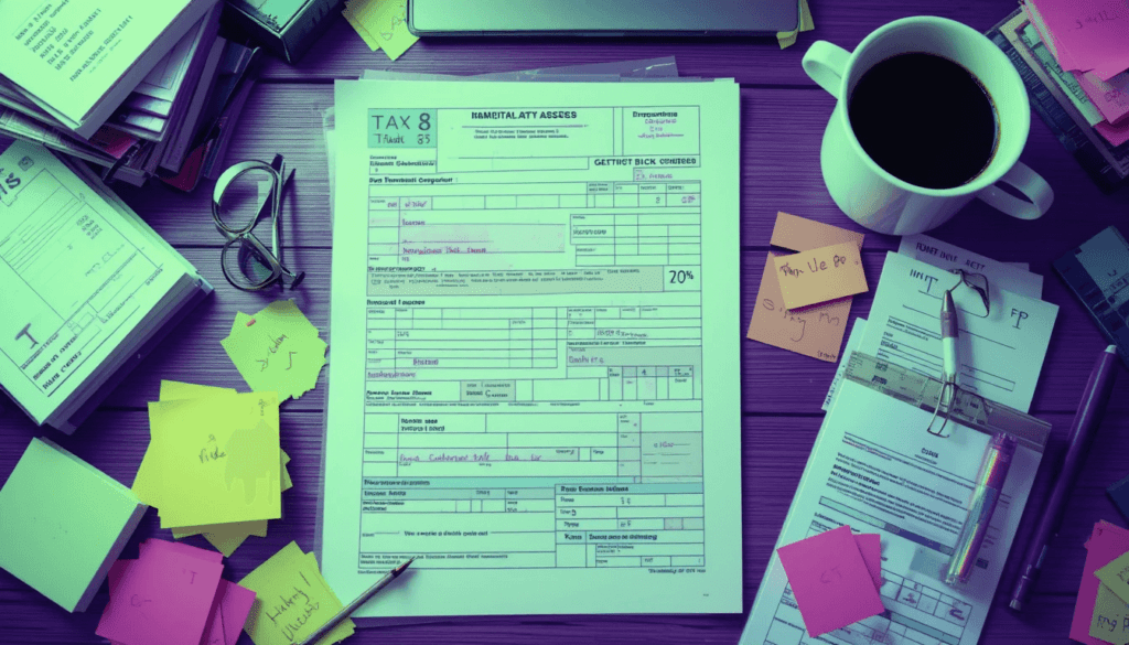 Messy desk with tax printout, coffee cup, Post-it; purple and lime green.