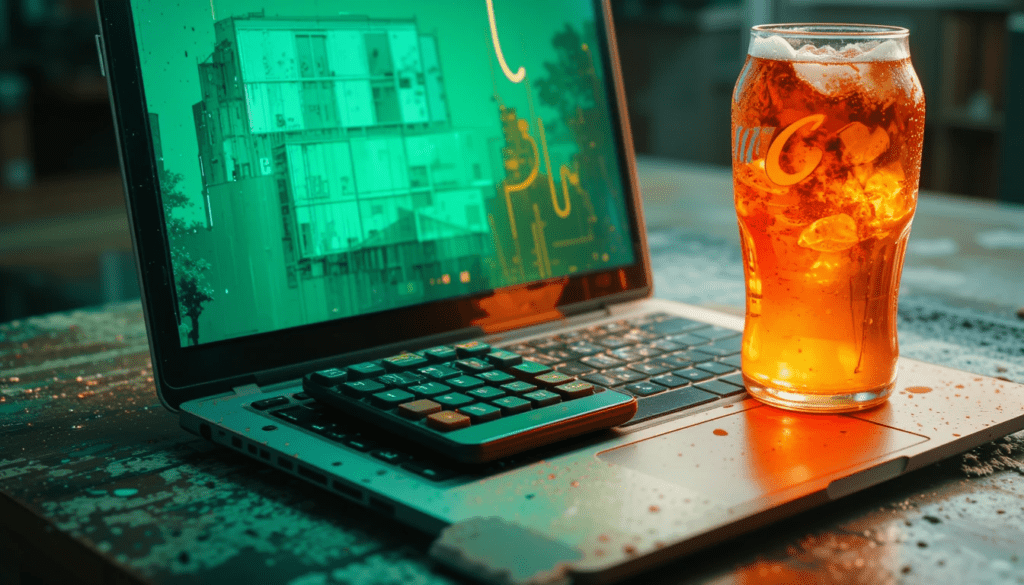 Smudged laptop with mortgage calculator, soda ring; green and neon orange.