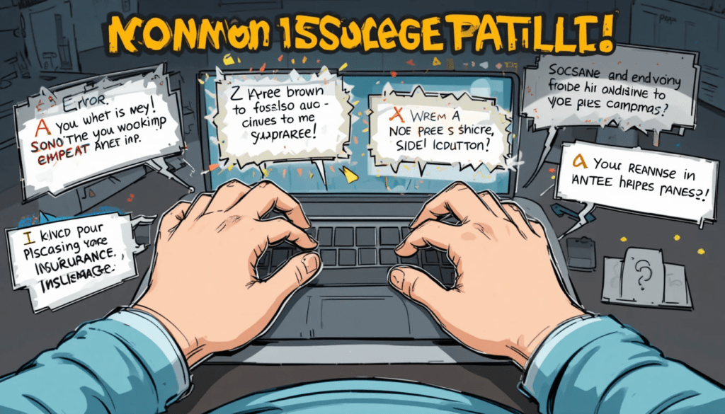 An illustrated graphic of common insurance pitfalls, from a first-person POV like looking down at my own hands typing wrong info