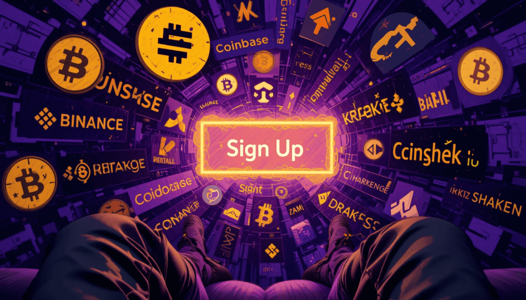 A chaotic digital collage of crypto exchange logos swirling around a glowing “Sign Up” button
