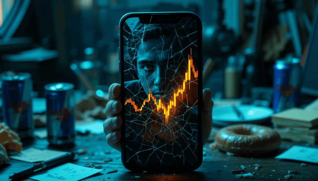 cracked iPhone screen, zoomed in on a BTC price chart with crazy spikes and dips.
