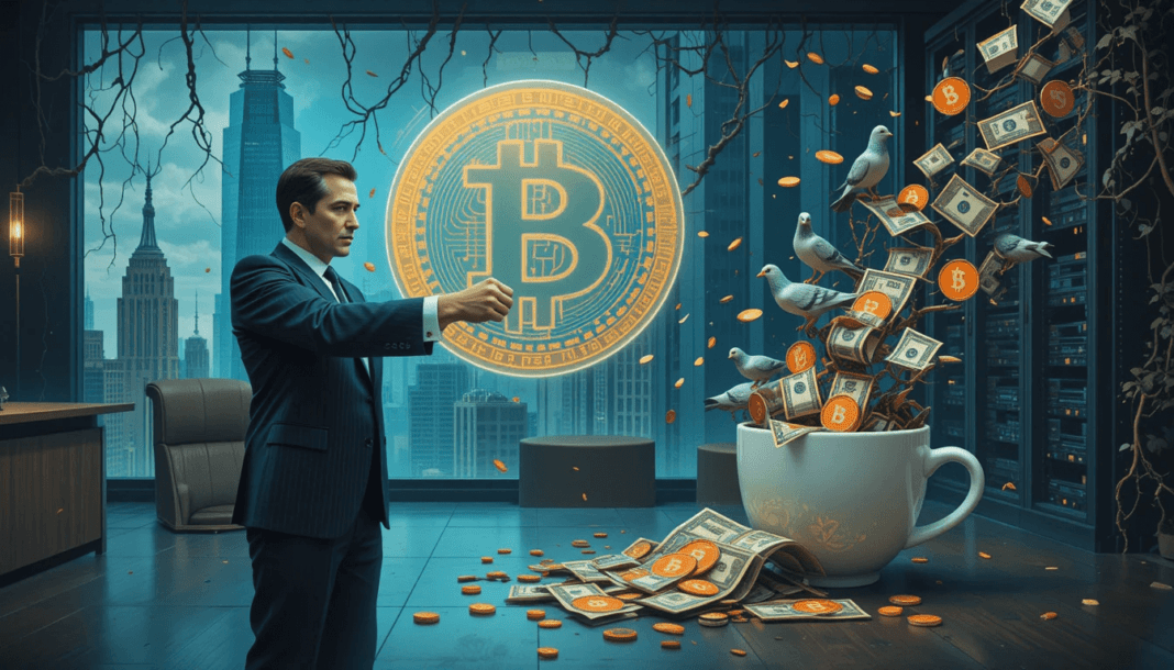 a corporate executive in a pinstripe suit awkwardly fist-bumping a oversized, glowing Bitcoin hologram