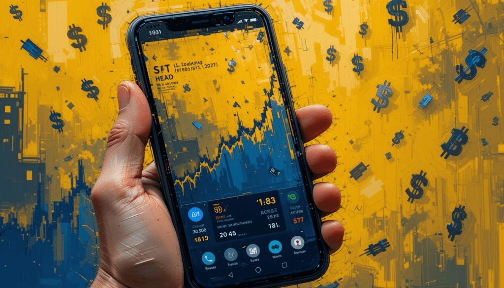 A close-up, impressionistic digital painting of a smartphone screen showing a crypto price chart
