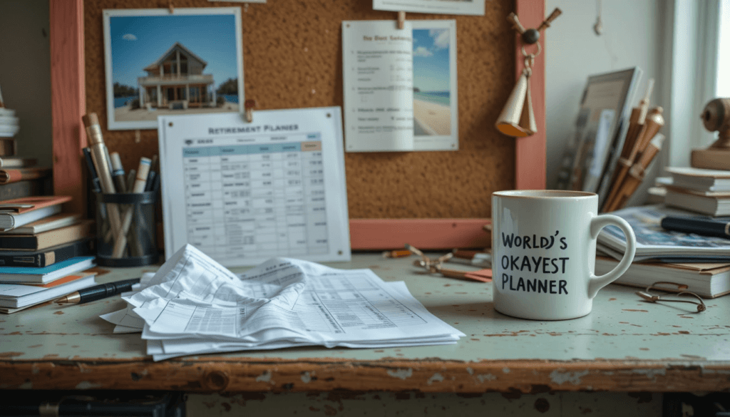 Blurry desk with stained retirement spreadsheet, beach house photo, chipped mug, sailboat keychain; sage green and coral.