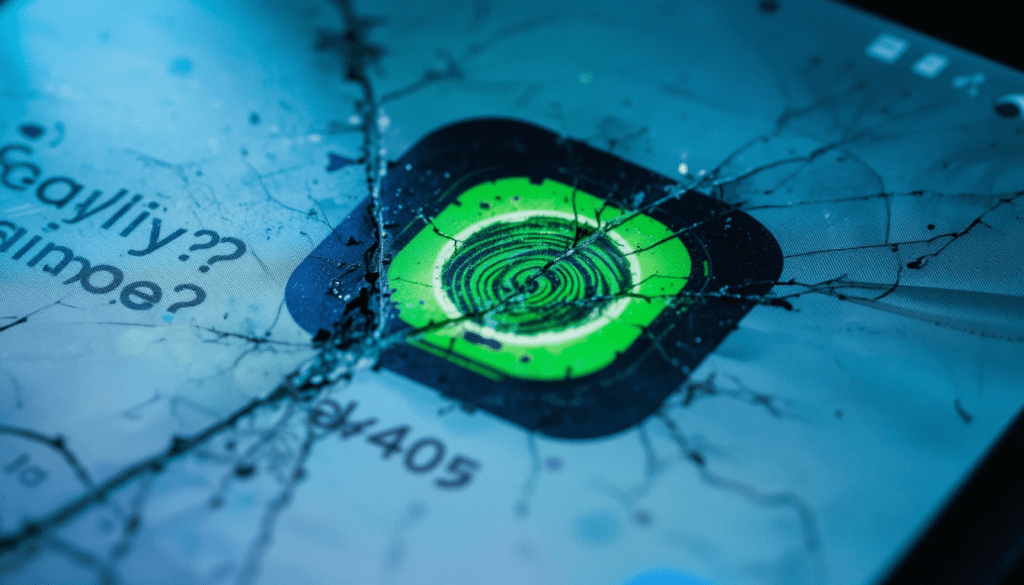 Cracked phone with savings app, smudged screen; blue and neon green.
