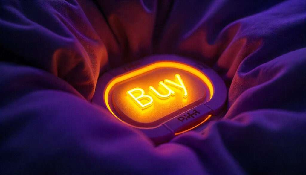 Chaotic crypto exchange logo collage, glowing “Buy” button, tired couch POV.