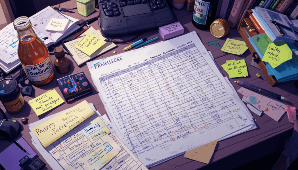 Messy desk with staking spreadsheet, kombucha bottle, Post-it; purple and lime green.
