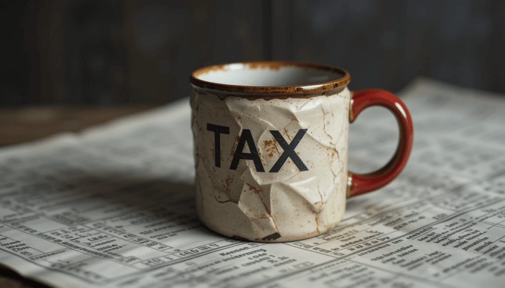 Crumpled tax printout, chipped mug; brown and anxious red.