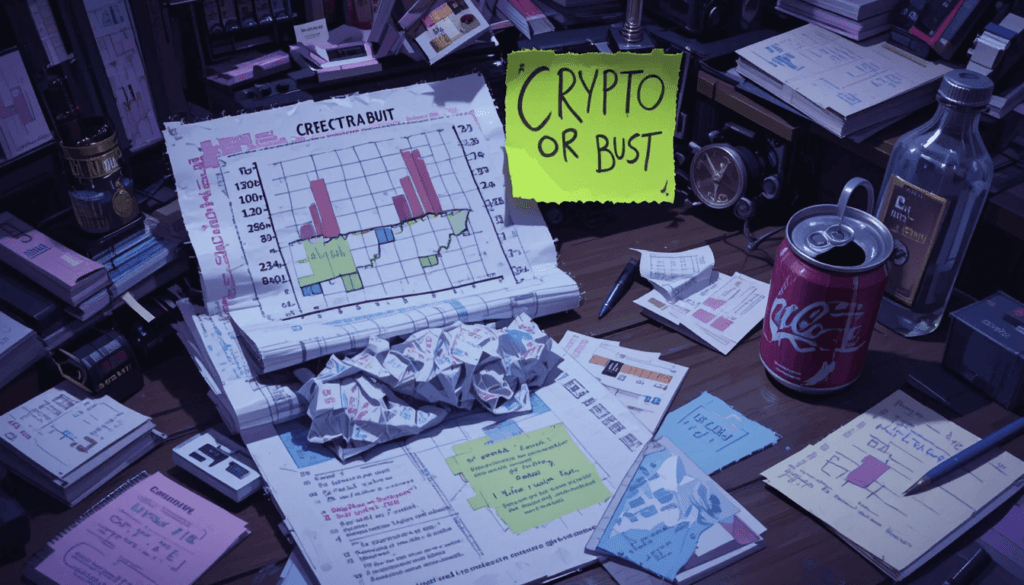 a Post-it saying “CRYPTO OR BUST.” The style’s impressionistic digital painting, with a bittersweet “I’m trying” vibe
