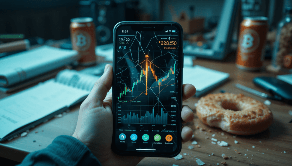 f my cracked phone screen showing a Bitcoin price chart going wild,