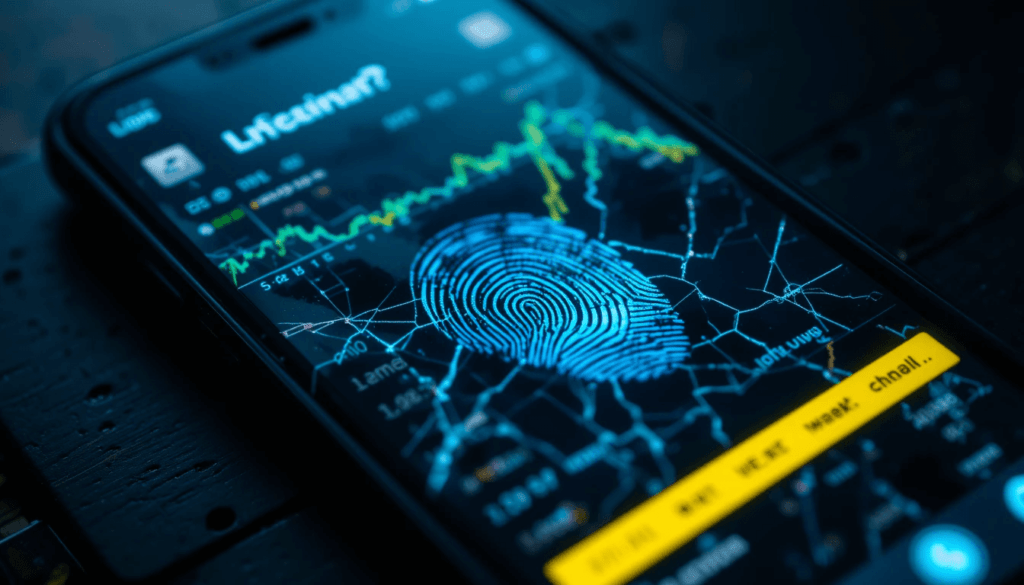 my phone showing a crypto trading app, with a cracked screen