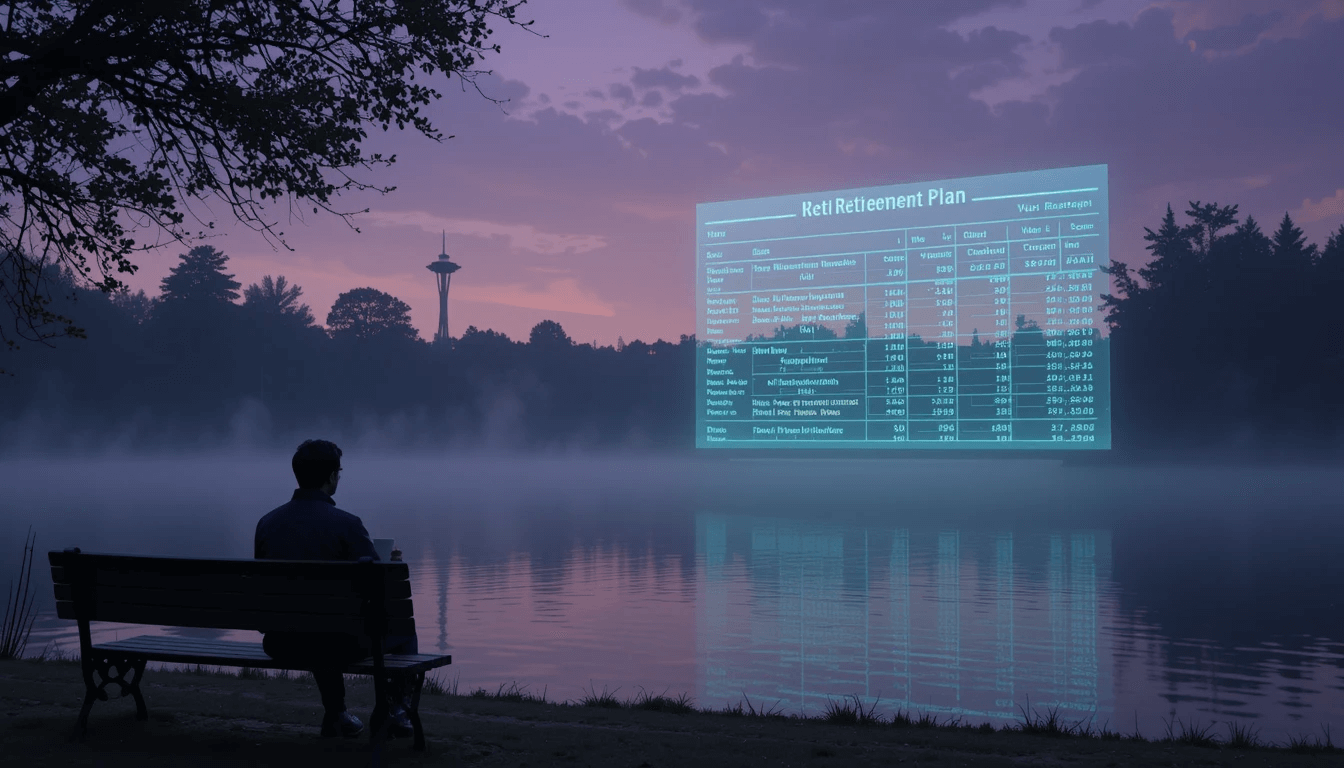 a Seattle park at dusk, with a faint retirement plan spreadsheet projected onto a misty lake