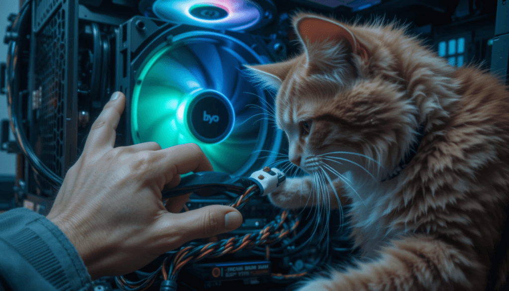 Shaky hands tweak mining rig, cat swats cable, neon GPU glow.