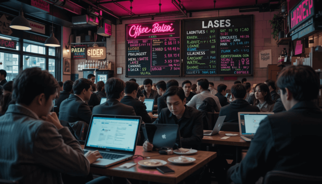Crowded coffee shop, laptops with stock apps,