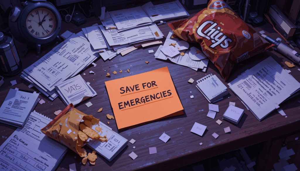 Messy desk with receipts, chip bag, Post-it; purple and tangerine.