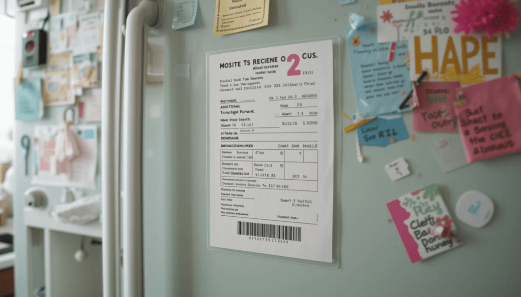 Donation receipt on fridge, messy kitchen counter background.
