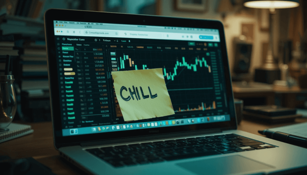 Laptop with Coinbase portfolio, smudged “CHILL” Post-it.