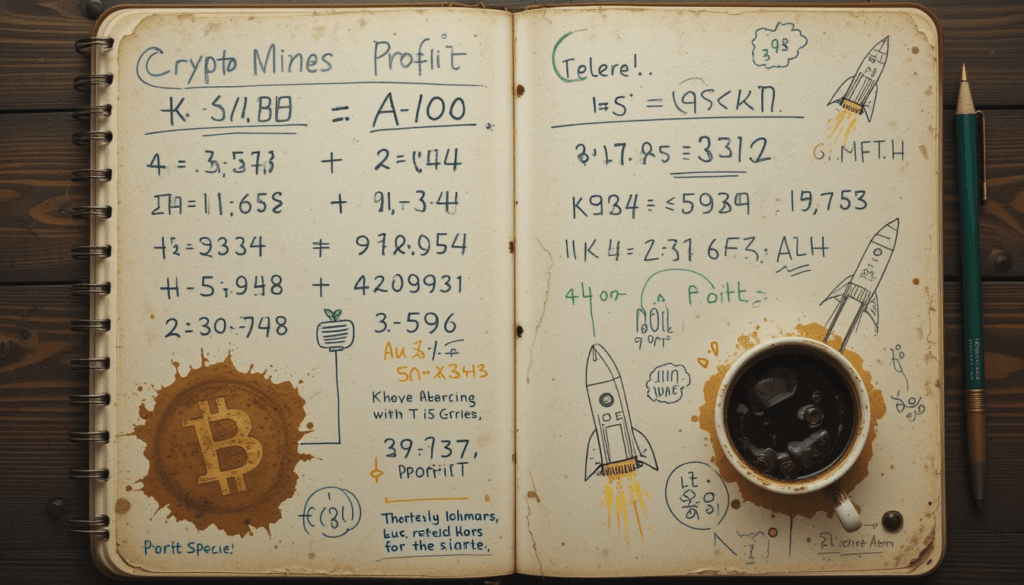 Notebook with smudged mining math, rocket doodles, coffee stain.